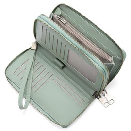 GAEKEAO Women's Large Leather Purse, Large Purse, Women's Purse, Many Compartments & Coin Compartment with Zip, Green