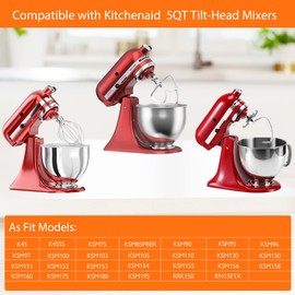 Stainless Steel Accessories Compatible with KitchenAid 4.5-5 Qt Tilt-Head Stand Mixer, Heavy Duty 6 Wire Whisk, Flat Beater and Dough Hook Set for Artisan, Classic, KSM150, Dishwasher Safe, 3pc