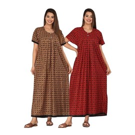 YUKATA Nighty for Women Cotton Printed Maxi Gown Ankle Length Nighty Night Dress Gown for Women Maxi - Free Size (Pack of 2), Set_1, One size