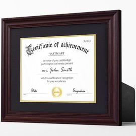 Yaetm 8.5x11 Diploma Frame | Certificate Frame with HD Tempered Glass, Display 8.5 x 11 with Black Over Gold Acid-free Mat or 11x14 Document without Mat, Wide Molding, Tabletop, (Single, Brown)
