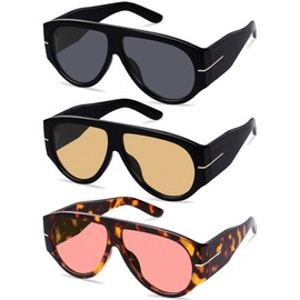 YMRFW Oversized Retro Aviator Sunglasses for Women Men Trend 70s Thick Classic Vintage Style Sun Glasses, 3pack (Black/Grey+black/Champagne+tortoise/Pink), 3pack