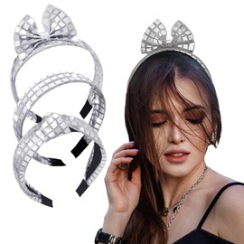 Aswitnove 3 Pcs 1970s Disco Headband Accessories for Women, Glitter Silver Mirror Knotted Bow Headband for Retro Last Bachelorette 70s 80s 90s Party Birthday Bridal Shower Disco Outfit Silver A