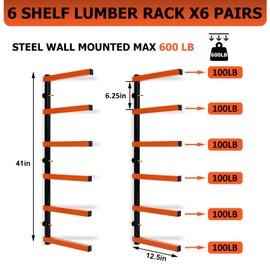 ECOTRIC 6 Pair of 6 Levels Shelf Lumber Rack Lumber Storage Rack Lumber Organizer Wood Organizer Steel Wall Mounted Max 600 Lb