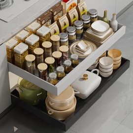 WQU Pull Out Cabinet Organizer, Pull Out Kitchen Storage, Adjustable Drawers for Kitchen Cupboard with Adhesive Film, Roll-Out Sliding Drawer Organiser Shelf Adjustable width 13-20"in Blcak 1PC