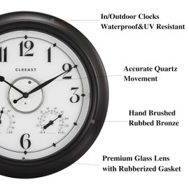 CLXEAST Illuminated Indoor Outdoor Clocks Waterproof 18 inch with Smart Night Light Sensor,Large Wall Clock with Thermometer & Hygrometer,Oil Rubbed Bronze Black,House Warming Gifts New Home