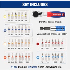WORKPRO Screwdriver Bit Set 43 Pieces with Mini Reversible Ratchet 1/4 Inch Drive, Reversible Ratchet 60 Teeth, Screwdriver Bit Set with Ratchet and Quick Change Bit Holder for Gadgets, Cars, Homes, Machines