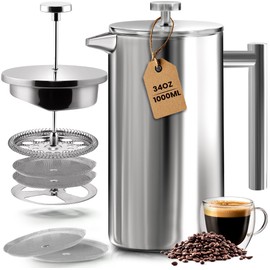 Utopia Kitchen Stainless Steel French Press Coffee Maker 34 Oz (1 Litre) with 2 Extra Filters, French Press Coffee & Tea Maker for Kitchen & Camping, Cold Brew Cafetiere, Silver