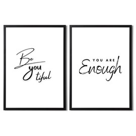 State Media Vision Set of 2 Women's Affirmation Prints – BeYoutiful and You Are Enough – Minimalist Inspirational Home Wall Art - Variety of Sizes (Set 1, A4 Print Only)