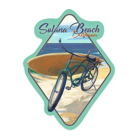 Die Cut Sticker Solana Beach, California, Beach Cruiser on Beach, Contour Vinyl Sticker 3 to 6 inches, (Waterproof Decal for Cars, Water Bottles, Laptops, Coolers), Large