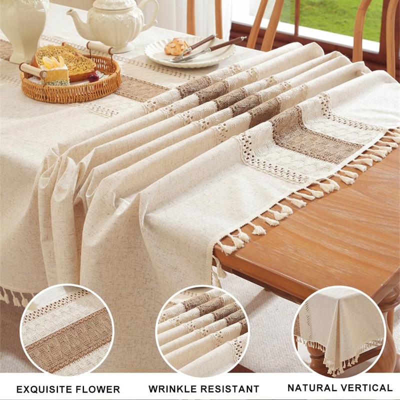 Lifetooler Table Cloths Rectangle Cotton Linen Tassel Tablecloth Waterproof Wrinkle