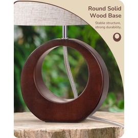 EDISHINE 13.4" Wood Table Lamp, Small Bedside Lamp with Beige Linen Lampshade & ON-Off Switch, E26 Base, Modern Nightstand Lamp for Living Room, Bedroom, Dark Walnut