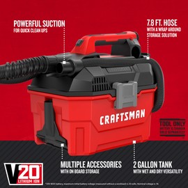 CRAFTSMAN V20 Cordless Vacuum Cleaner, Shop Vac Wet/Dry, 2 Gallon, 7ft Hose, Bare Tool Only (CMCV002B)