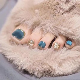 24 Pcs Blue Square Press on Toenails Short Fake Toe Nails French Nail Tips Full Cover Acrylic Toe Nail Press ons Glitter False Nails Artificial Reusable Stick Glue on Toenails for Women