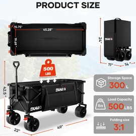 DUHKOI 49" L Collapsible Foldable Extended Wagon with 500lbs Weight Capacity,300L Heavy Duty Beach Cart,Large Utility Wagon with Cup Holders,Cart for Dogs,Sports,Outdoors,Grocery,Black