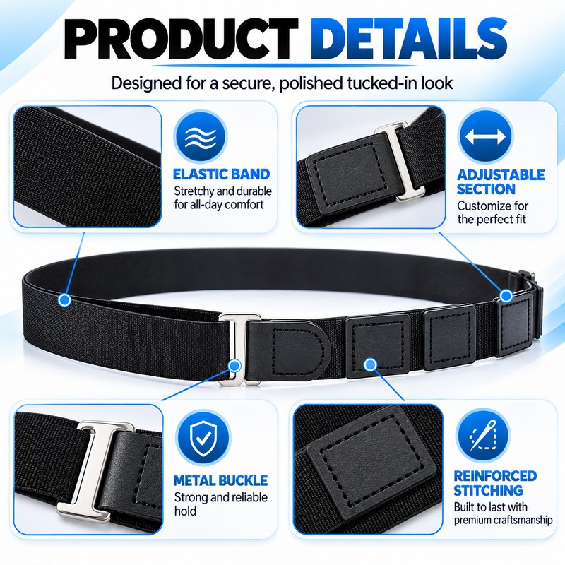 Black Adjustable Elastic Shirt Stay Belt for Men and Women,