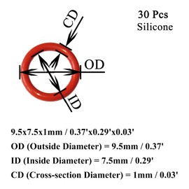 Ofowin [30 Pcs] Silicone O-Rings Red 9.5mm OD 7.5mm ID 1 mm Width, Metric VMQ Sealing Gasket for Cup Lids, Coffee Maker, Brewing Fitting, Washer, Filter, Pump, Plumbing, Hose, Gauge, Auto, Machine