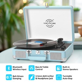Record Player with Built-in Speakers Treble & Bass Gain Vintage Bluetooth Turntable 3-Speed Portable Suitcase Vinyl LP Player Aux-in/RCA-Out Headphone Jack, Light Blue