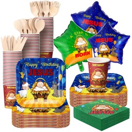 Sieral 174 Pcs Happy Birthday Jesus Tableware with 24 Disposable Jesus Plates Cups Set 30 Disposable Jesus Napkins 24 Christmas Balloons Christmas Nativity Party Supplies Xmas Winter Holiday Party