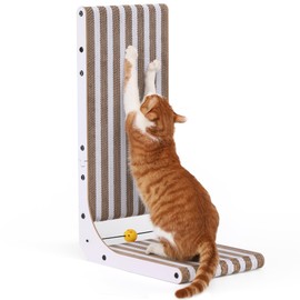 FUKUMARU Cat Scratcher, 26.8 Inch L Shape Cat Scratch Pad, Strip Pattern Cats Scratching Post Wall Mounted, Cardboard Cats Scratcher with Ball Toy for Indoor Kitty, Fun Playing Box Included, L