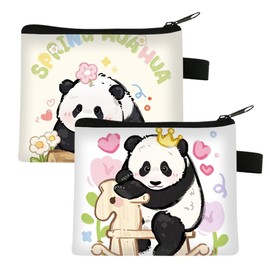 2 Pieces Panda Wallet Set, Cute Cartoon Zipper Purse, Small Animal Purse, Card Keychain Purse