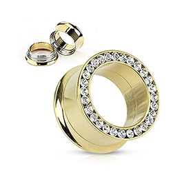 Flesh Tunnel Stainless Steel Ear Piercing Crystal Zirconia Double Flared Screw Hollow Stud Earrings, Stainless Steel