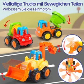 SunnyPal Toy from 1 Year Boy Girl Gifts – Pack of 4 Car Toys from 2 Years Boys, 4WD Friction Car Toy Truck Children, Baby Excavator Tractor Dump Truck Concrete Mixer
