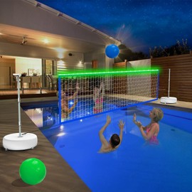 LED Pool Volleyball Net Set with Solar Powered Lights|15ft-32ft Adjustable Volleyball Net for Inground Pool, Kids Adults Water Volleyball Net Game Toy with 2 Ball & Pump for Pool Backyard Party
