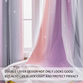 XiDi Dream Star Blackout Curtains for Kids Rooms Girl Princess Curtain for Daughter Bedroom Window (Grey Pink Purple, W34 X L63)
