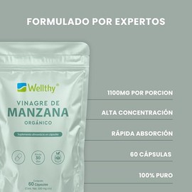 Wellthy Vinagre de Manzana 60 Cápsulas. 550mg c/u, Suplemento alimenticio Orgánico, Vegano, Bottle Free