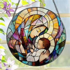 Baby Jesus and The Holy Mother Mary Sun Catcher, 8 Inch Stained Glass Window Hanging, Stained Glass Decor, Christian Home Decor, Christian Gifts for Women, Religious Gifts for Women
