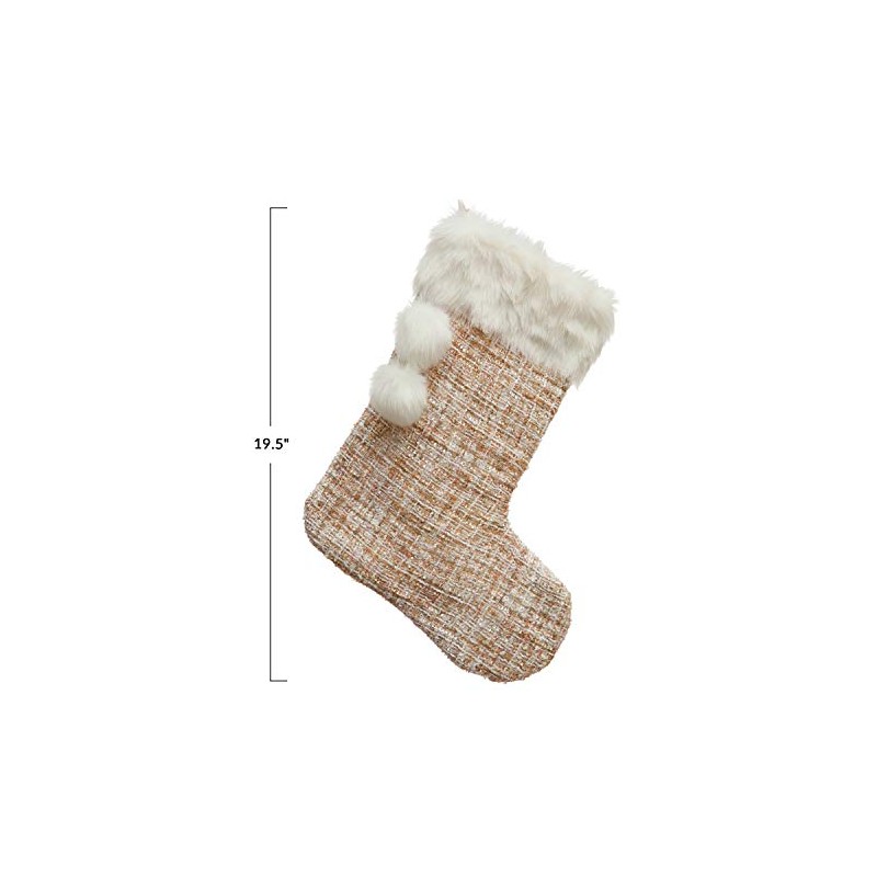Creative Co-Op 19-1/2"H Fabric Bouclé Stocking w/Faux Fur Trim Poms,