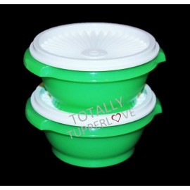Tupperware 2 Tupperware Servalier Bowls 10 oz. Set Green & White Instant Accordion Seals