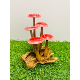 My Square Mile Wooden Mushroom Garden Ornament | Teak Wood For Indoor & Outdoor Use | Hand Carved Garden Sculpture (Red Tall 5 Mushroom)