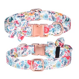 Pimaodog Girl Dog Collar - Floral Pattern Cute Collar with Detachable Rhinestone Flower for Female Dogs (M:31-50cm, White)