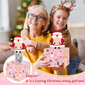 Meiidoshine Pink Christmas Money Box for Cash Gift Pull, Surprise Money Holder for Kids Adults with 100Pcs Transparent Bags - Fun Ways to Give Cash As A Gift for Your Loved Ones