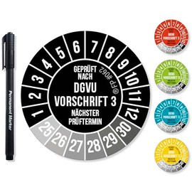 Frank Paperman® 600x DGVU V3 test badges, black/white, 30 mm diameter, including foil pen, test badges, next test date, UV-resistant, high adhesion, 5 colours, 2 sizes
