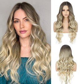 Fliace Long Wavy Wig for Women, 26 Inch Synthetic Lace Hairline Ombre Blonde Wigs, Natural-Looking Secure Fit, Soft Heat Resistant Fiber