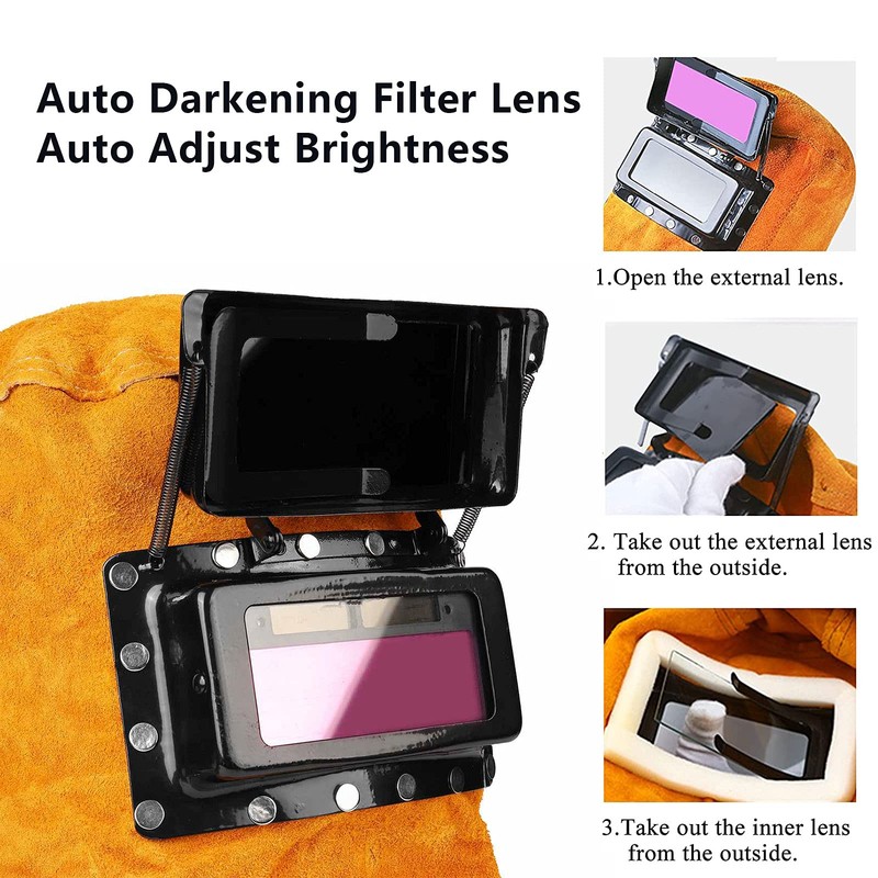 Cowhide Leather Welder Hood Auto Darkening Solar Filter Lens Welding