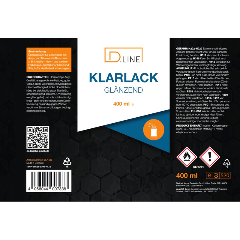 D.LINE Klarlack glänzend Sprühdose 400 ml DL 1523 - Überzugslack