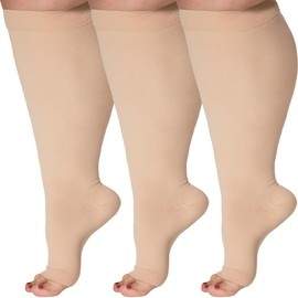 (3 Pairs) Toeless Plus Size Compression Stockings for Women and Men 15-20mmHg - Wide Calf Support Knee High for Airplain, Work, Running, Sports, Workout, Nurse, Travel, Flight - Beige, 5X-Large