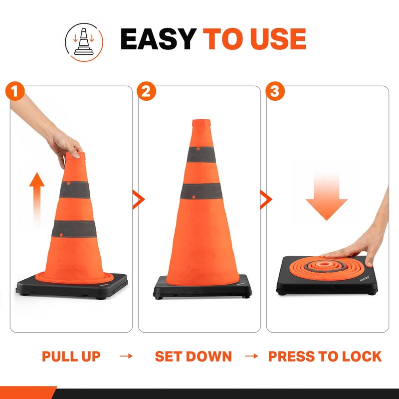 BATTIFE Collapsible Traffic Cones, Reflective Safety Cones with Black Base