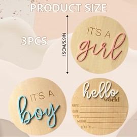 3PCS Wooden Newborn Announcement Sign, 5.9in Round Gender Reveal Plaque Its a Boy Its a Girl Hello World Welcome Sign Nursery Decor Birth Baby Name Plaques Photo Props New Parents Gift Keepsake