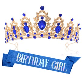 Birthday Crown Headband Birthday Sash Tiaras for Women Birthday Tiara Crystal Crown Birthday Tiara for Women Princess Tiara Adult Blue CrownBirthday Crown and Sash for Birthday Party
