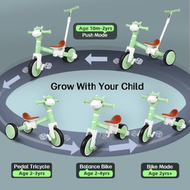 Tricycle for Toddlers 1-3 Year Olds, 5 in 1 Toddler Balance Bike 2-4 Years Old Boys Girls, Push Trike Toys with Adjustable Handle, Birthday Gifts for 2 3 4 5 Year Old Kids Bike (Green)