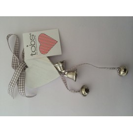 Tobs White Wooden Heart & Bells Christmas Decoration with Grey Gingham Ribbon