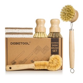 DEBETOOL 6-Piece Bamboo Dish Brush Set with Coconut Sponge | Wooden Dish Brush with Natural Sisal & Palm Fiber, Multi-Surface Kitchen Scrub Brushes fo