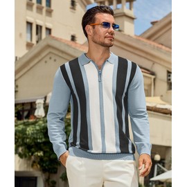 PRIVIMIX Long Sleeve Polo Shirts for Men Vintage Striped Quarter Zip Pullover Men Fashion Casual Polo Sweater Light Blue-2XL