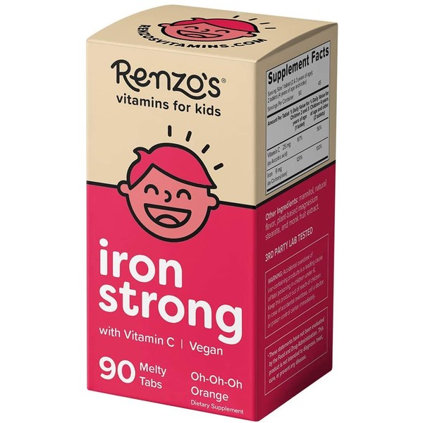 Renzo's Iron Supplements for Kids, Dissolvable Vegan Iron Supplement for Children, Sugar Free Iron Supplements for Anemia, Oh-Oh-Oh Orange Flavor, 90 Melty Tabs