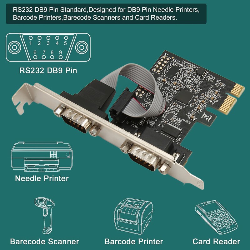 2 Port PCI Express RS232 DB9 Serial Port Card PCIe
