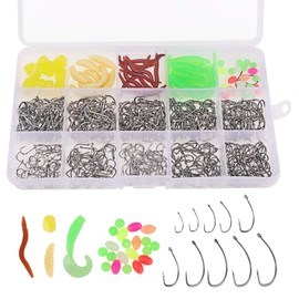 550pcs Fishing Hooks and Fishing Bait set, High Carbon Steel Fish Hooks with Plastic Box(500pcs/10 Sizes 3#-12# Barbed Hooks), 4 Style Soft Plastic Worms, for Freshwater Saltwater Fish Tackle
